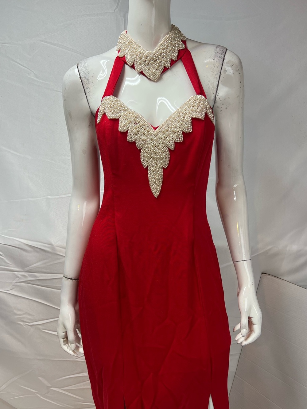 Vintage Women's 12 Red Halter Faux Pearl Embellished Long Slits 80s Gown Dress - Picture 6 of 9